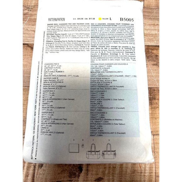 Butterick B5005 Diaper Bag & Accessories Sewing Pattern Uncut - Picture 2 of 2